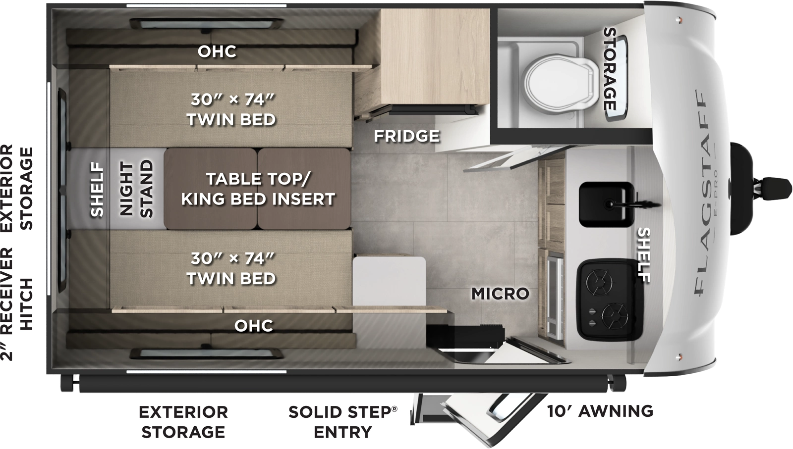 The Flagstaff E-Pro E15LE floorplan has one entry and zero slide outs. Exterior features include: fiberglass exterior and 10' awning. Interiors features include: rear bedroom.